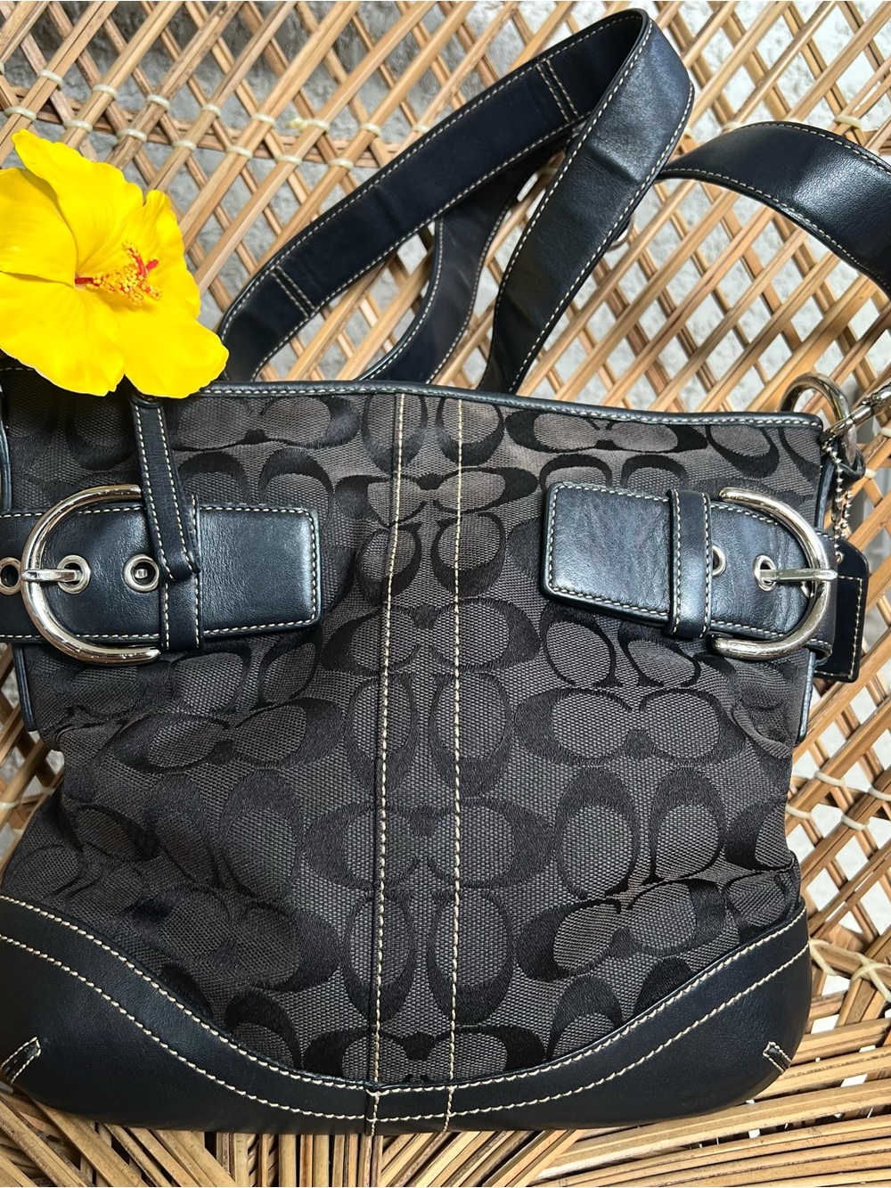 Vintage Coach Black Signature Canvas Shoulder bag with Leather Trim 3574